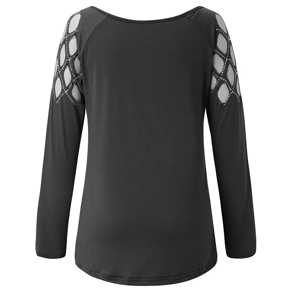 Feitong Blouse Women Blusas Fashion Plus Size Autumn Crew Neck Hollow-Out Studded Long Sleeve Shirts Casual Tops блузка женская