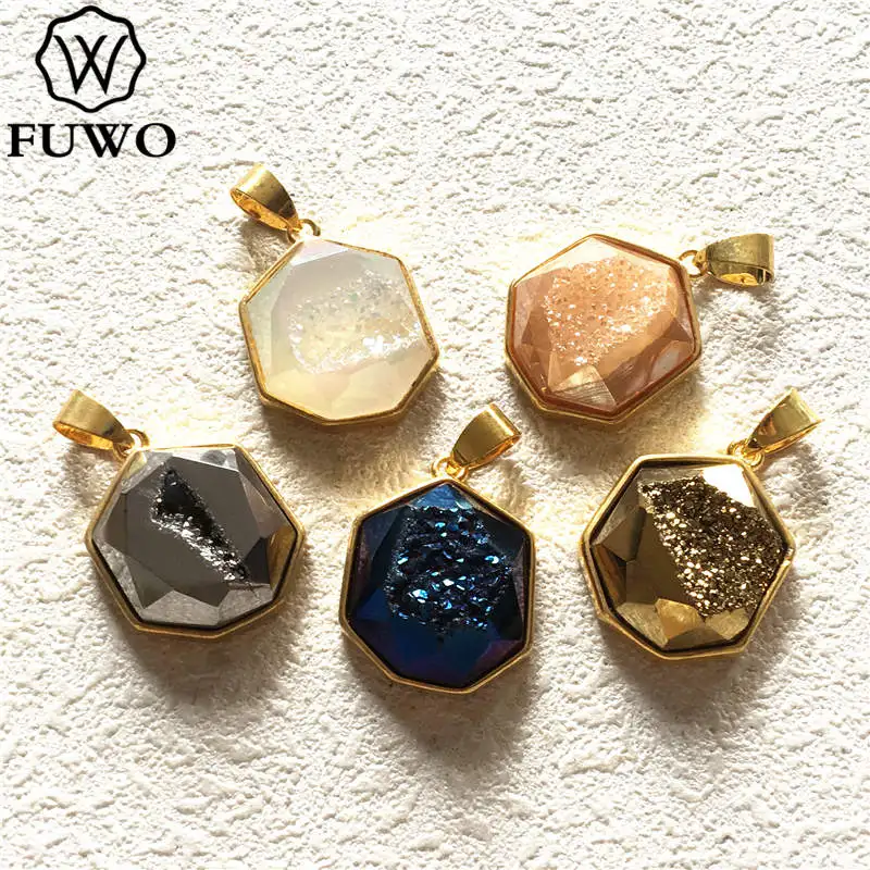 Fewo граненый аура Druzy Heptagon Разъем Кулон с золотым ободком отделан для изготовления