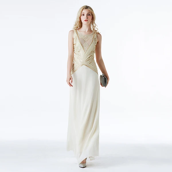 Роскошные винтажные платья Грейт Гэтсби хлопушка для женщин 1920s о-образный вырез рукава платья Арт Деко расшитые блестками рукава - Color: white