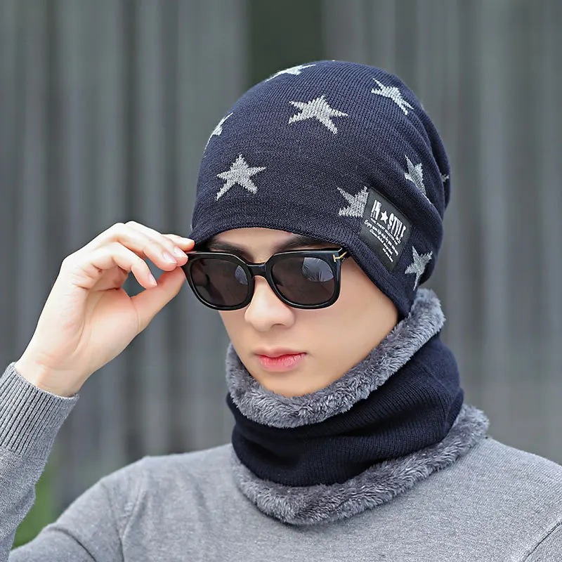 Лидер продаж 2 шт. лыжный кепки и шарф холодной теплые кожаные зимняя женская шапка для мужчин вязаная шапка капот теплые шапка черепки шапочки - Цвет: Navy