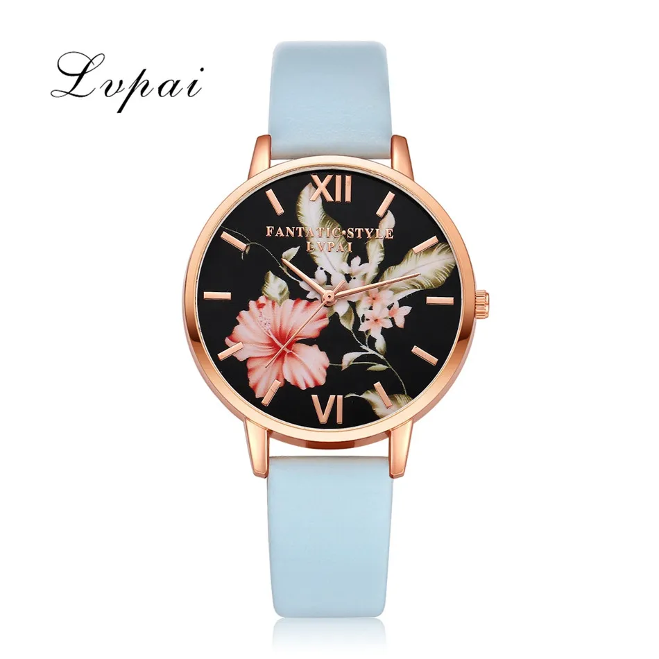 Lvpai Brand Women Bracelet Watch Fashion Rose Gold Flowers Leather Simple Women Dress Watches Luxury Business Clock Watch