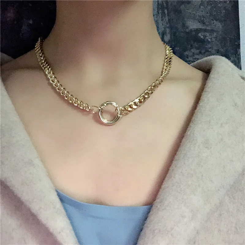 

Punk Metal Chain Necklace Hip Hop Simple Circle Pendant Necklace Gold Color Couple/loves Initial Choker Jewelry
