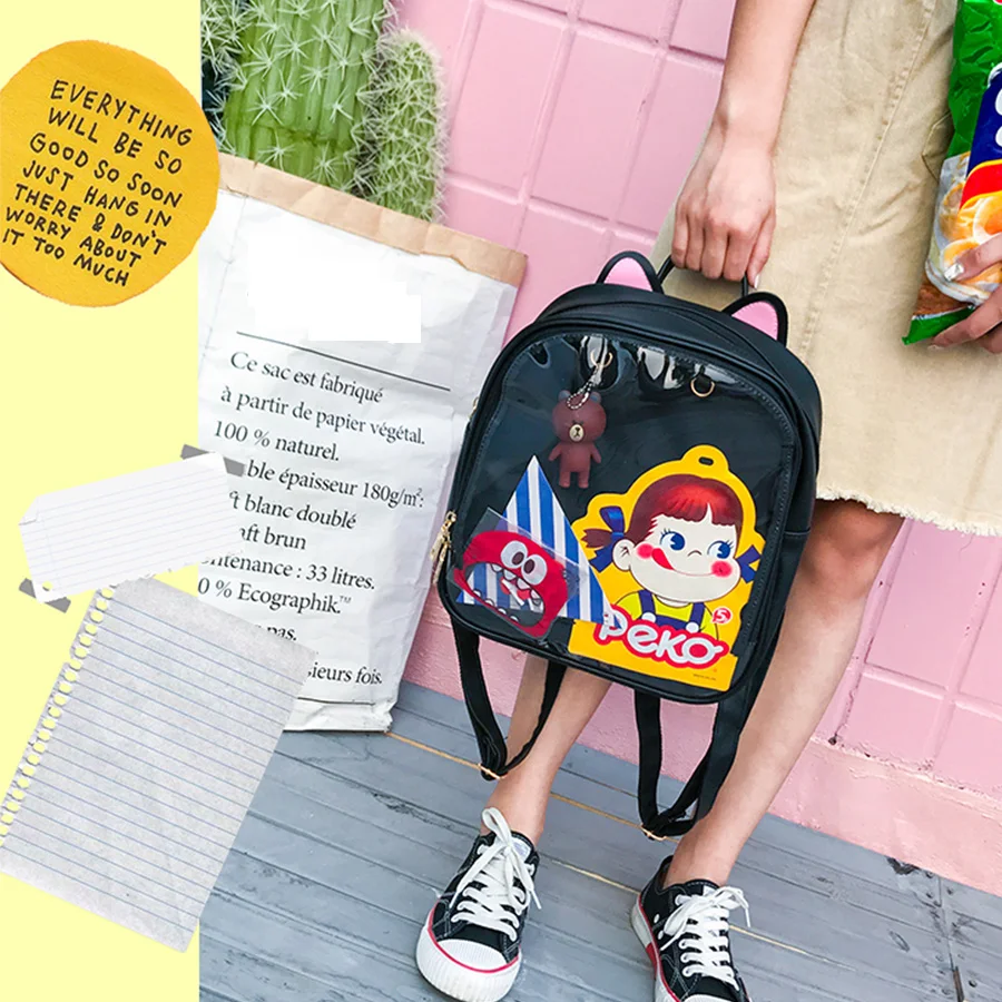 Lovely Cat Ear Leather Backpacks Candy Color Transparent Bag Teenage Girls Travel Bakpack Children Shoulder Bags School Itabag