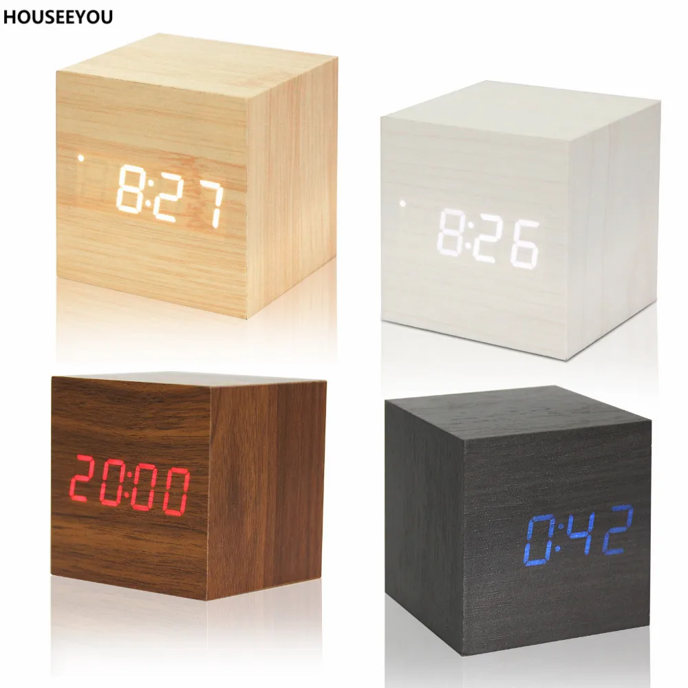 Modern Wood Cube LED Digital Alarm Clocks Thermometer Temp Date Display Calendars Square Desktop Clock Home Decor | Дом и сад