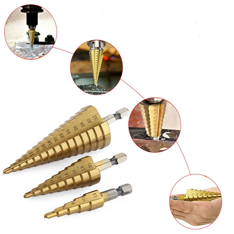 

3pcs Hss Drill Hole Set Set Milling Cutter metric 4-12 / 20 / 32mm 1/4" Titanium coated metal hex bit wood core drill bit