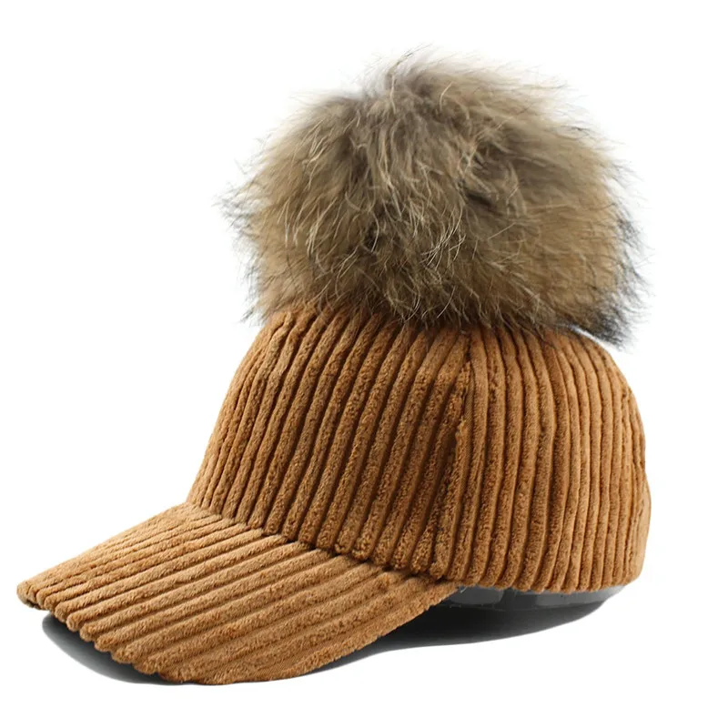 15 см шарик из меха енота Pom Poms Женская Мужская Бейсболка для девочек Bone Gorras Planas зимняя теплая Бейсболка