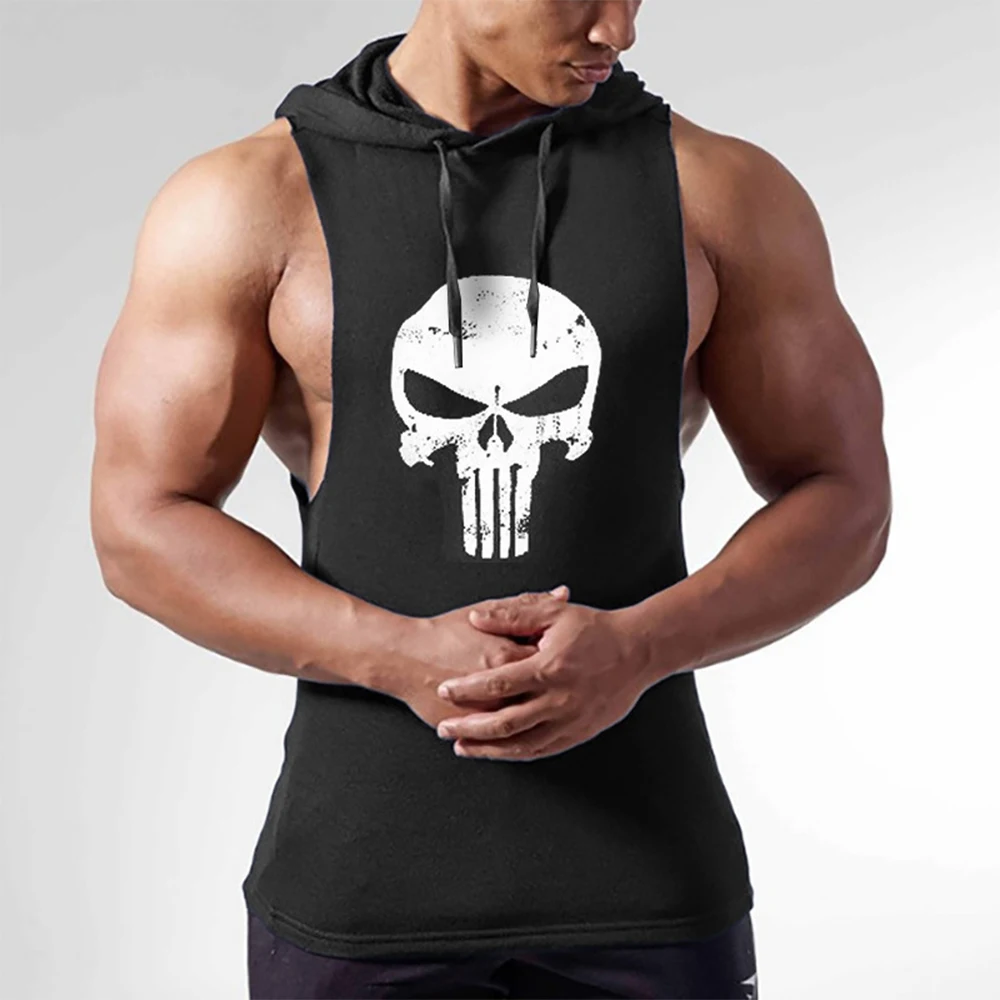 

Men's Gym Muscle Fitness Workout Tank Tops Print “skull” Soft Drawstring Sleeveless Hoodies Bodybuilding Sweatshirts