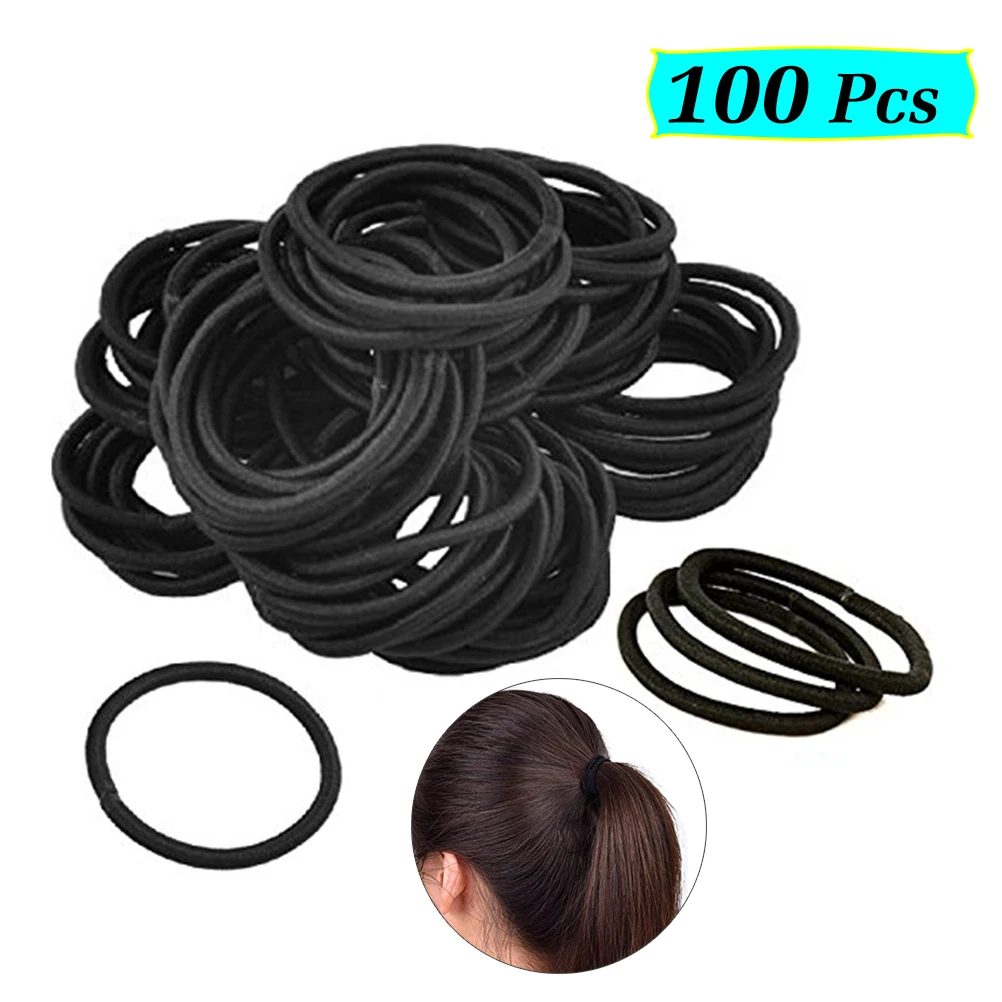 100pcs Black Round Hair Ties Elastics No Metal Superior Hold for All