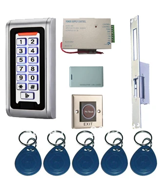 

Proximity Card Waterproof Standalone Access Control Kits/5pcs keyfobs+5pcs cards, Waterproof Metal Keypad,Electric Strike