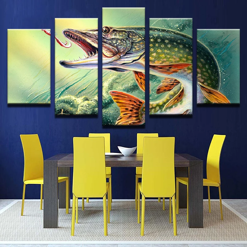 Wall Art Poster Home Decor Living Room Canvas Print Cartoon Painting 5 Panel Fishing Rod Landscape Animal Modular Pictures Frame