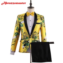 Мужской костюм с животным принтом, желтый смокинг для жениха, шаль с отворотом, костюм жениха на заказ, свадебный костюм(пиджак+ брюки