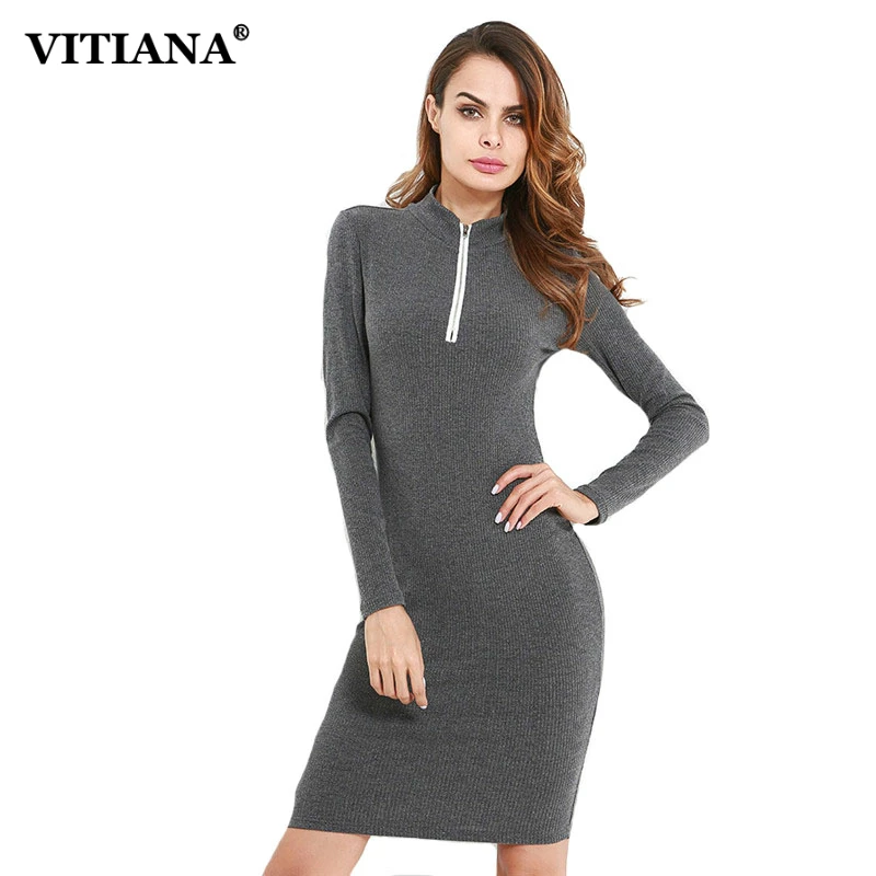 

VITIANA Women Casual Dress Female 2017 Autumn Long Sleeve Turtleneck Knitted Grey Bodycon Slim Office Dress Vestidos Robes