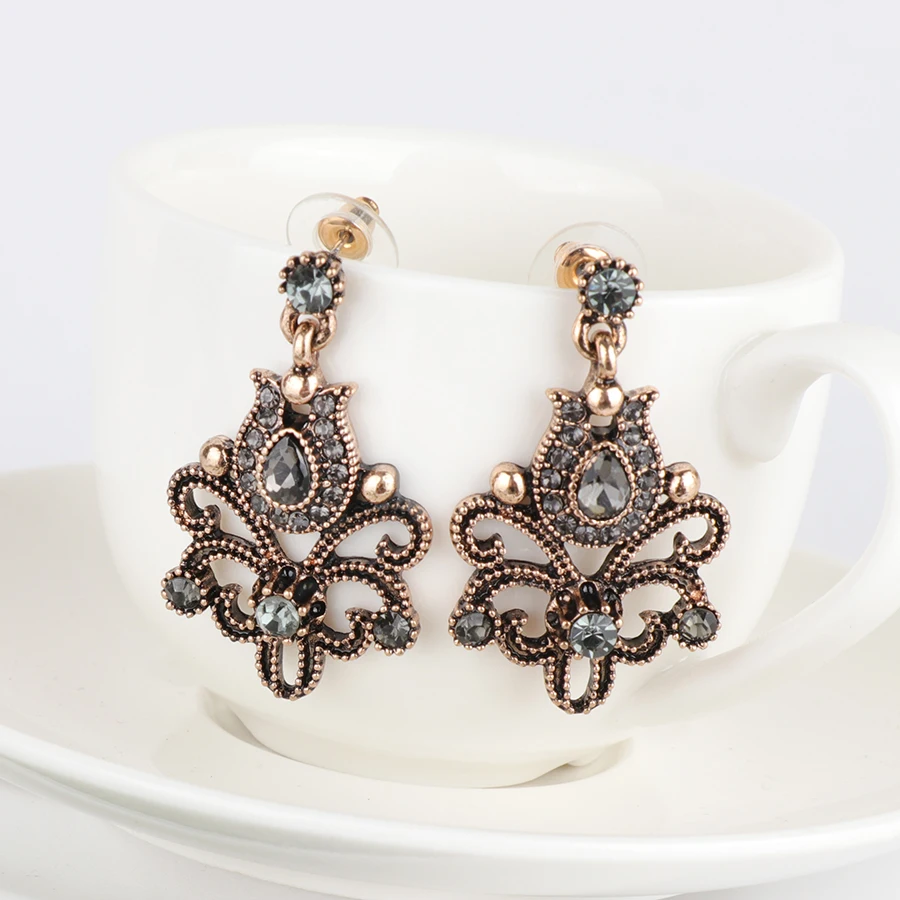 Kinel 4Pcs India Bridal Wedding Jewelry Sets Antique Gold Turkey Gray Crystal Flower Earring Necklace Bracelet Ring For Women