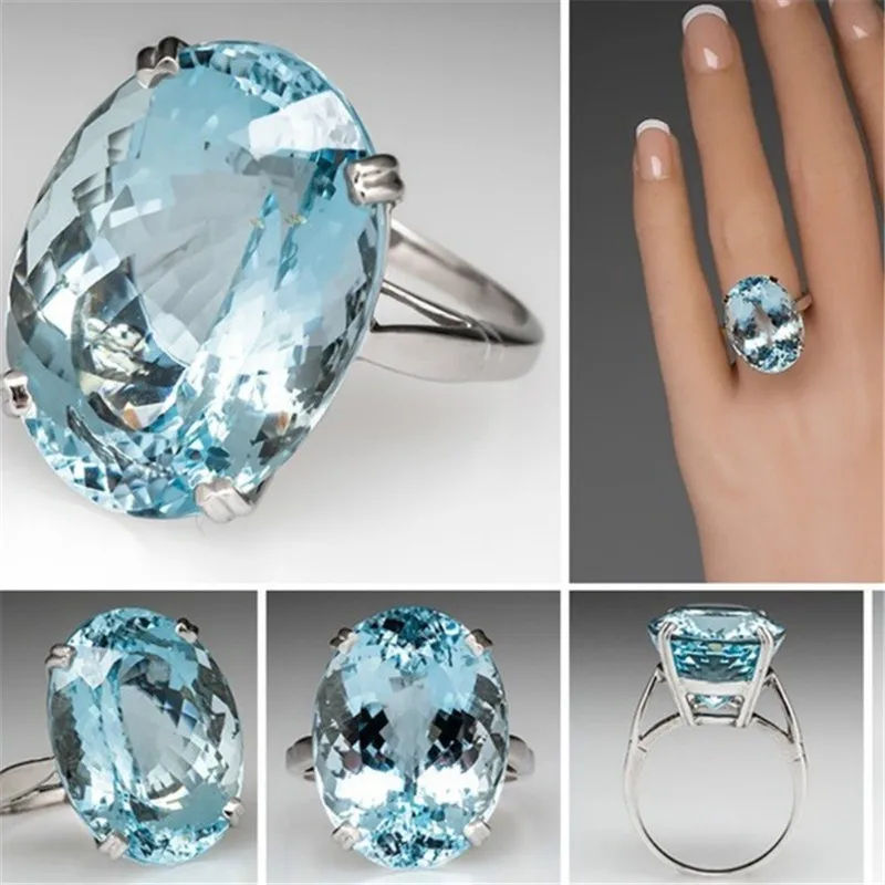 

CC Rings For Women Trendy Jewelry Oval Cubic Zirconia Big Blue Ring Bridal Wedding Engagement Bijouterie Accessories CC2091