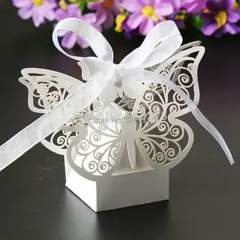 

Free shipping 50pcs Laser cut white Butterfly Wedding Box candy box in pearl paper Box,baby party shower box(with ribbon)
