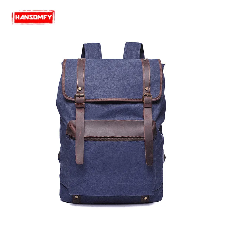 

New Retro Men bag canvas shoulder bag with the first layer of leather men 's backpack quality section travel school backpacks