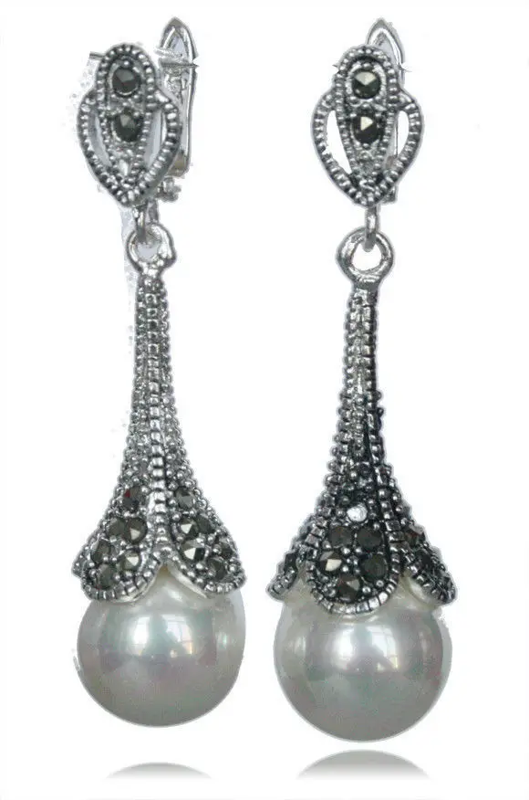 

Hot sale new Style >>>>Marcasite 925 Sterling Silver White Round Shell Pearl Long Earrings