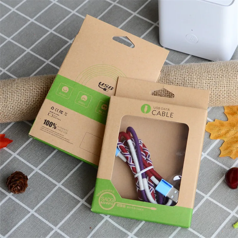 

500pcs/lot Kraft Paper Cardboard Box Cable USB Data Packaging with Window Hang Hole For Phone Android Data Line 12x10x2cm