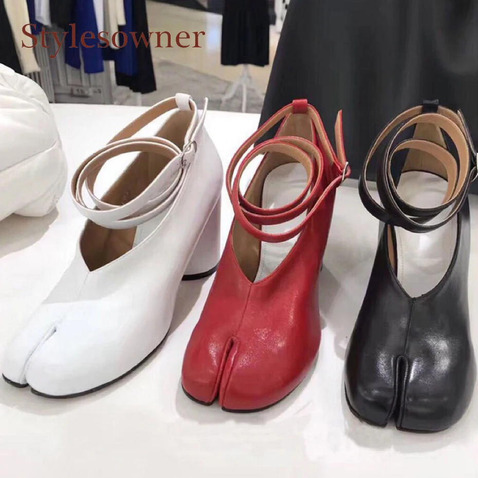 

Stylesowner 2018 new split toe ninjia high heels shoes women pumps ankle strap buckle chunky heel solid real leather party shoes