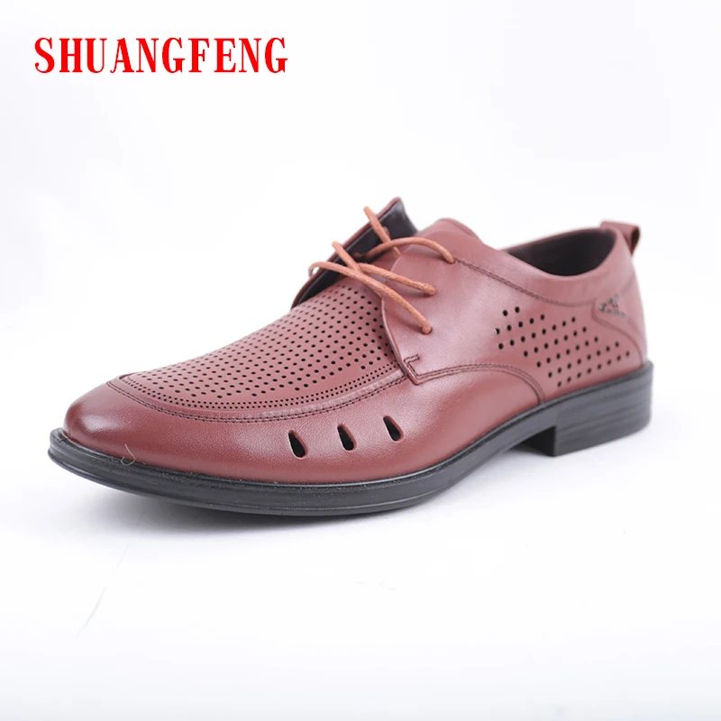 

SHUANGFENG Men shoes 2018 New Fashion Genuine Leather Shoes Men Sneakers Summer Breathable Hole Casual Shoes for male footwear