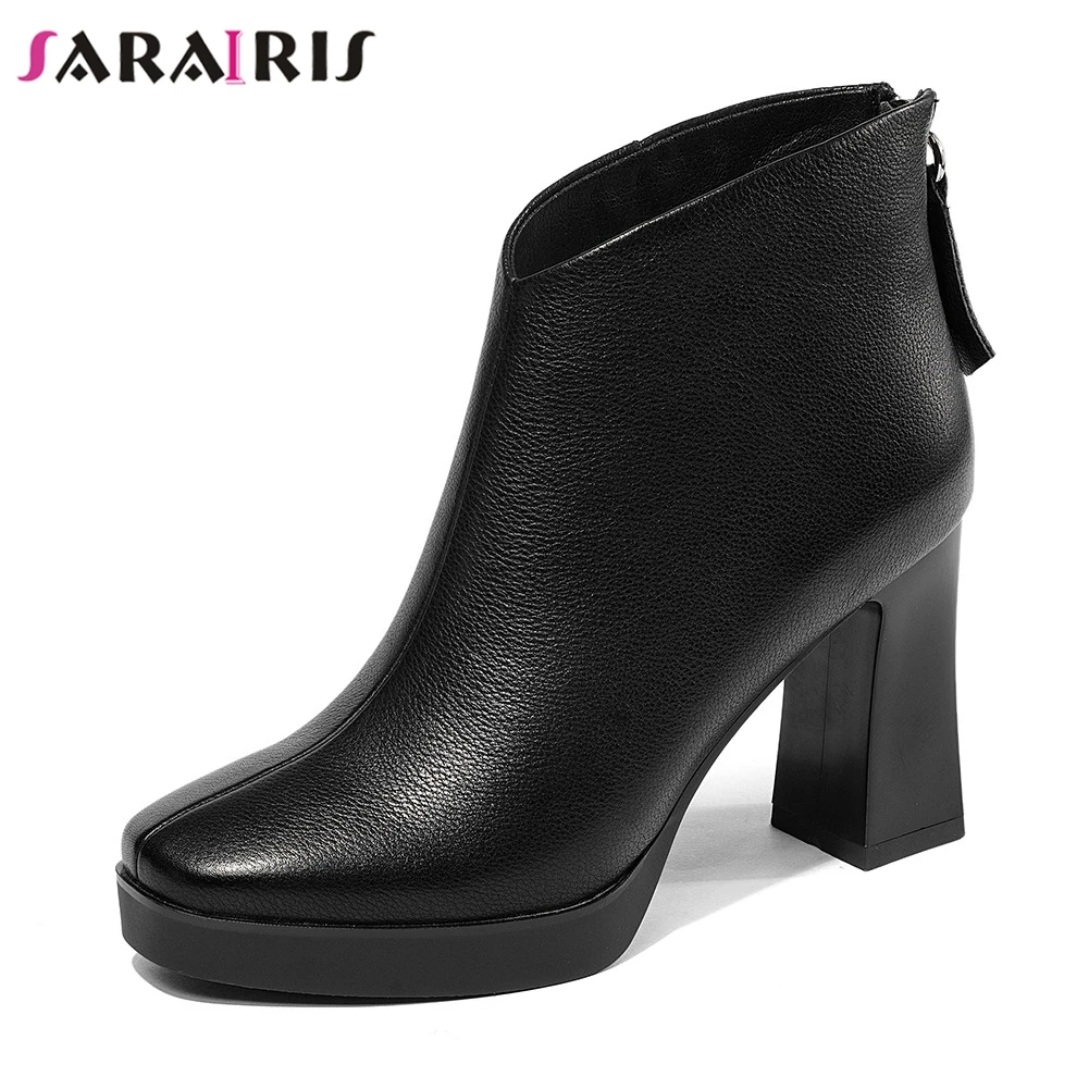 

SARAIRIS Brand Design Square High Heels women's Genuine Leather Zip Platform Shoes Woman Casual Autumn Winter Ankle Boots