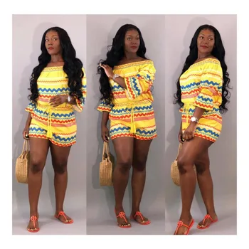 

2019 Summer Fashion Striped Print Flare Sleeve Slash Neck Indie Folk Women Rompers Sexy Female Playsuits