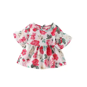 

2018 New Summer Kids Girls Dresses Lace Sleeve Flouncing Round Neck Dress Flowers Print Lovely Princess Dress Baby Clothes