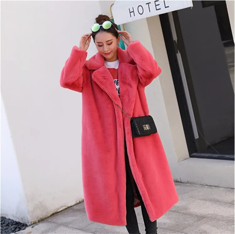 Новая модная шуба из искусственного кроличьего меха, женская зимняя куртка, большие размеры, утолщенная теплая длинная куртка, Женская свободная повседневная меховая верхняя одежда G266 - Цвет: watermelon red