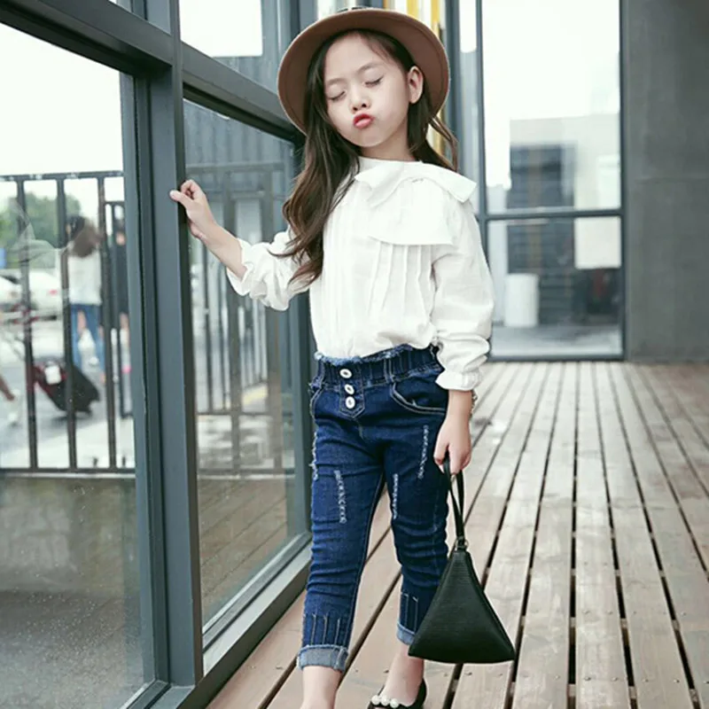 New style white Bow baby girl shirt O Neck Collar Full Sleeve Casual Kids Blouse Camisa Slim Fit