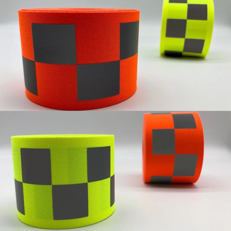 

50mm width Fluorescent yellow/Fluorescent orange Oxford Warning Tape with Small Square for Safety Clothes
