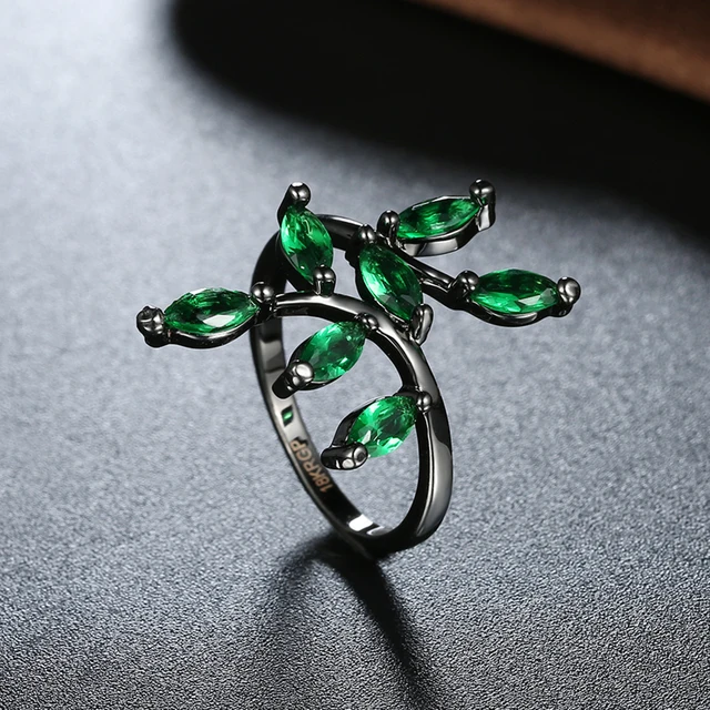 URORU Ring, Tree Shaped Blue & Green Crystal Rings For Women Wedding Vintage Black Gold Filled White AAA Zircon Ring