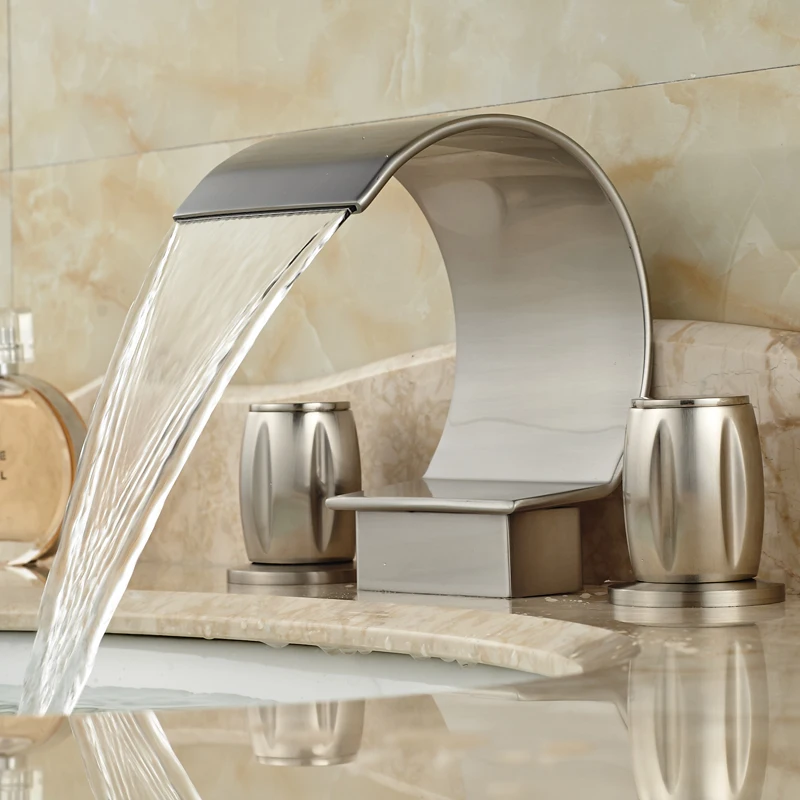 Brushed Nickel Waterfall Spout Bathroom Sink Basin Faucet Deck Mount 3 Holes Mixer Taps цена Brushed Nickel Waterfall Spout Bathroom Sink Basin Faucet Deck Mount 3 Holes Mixer Taps цены онлайн