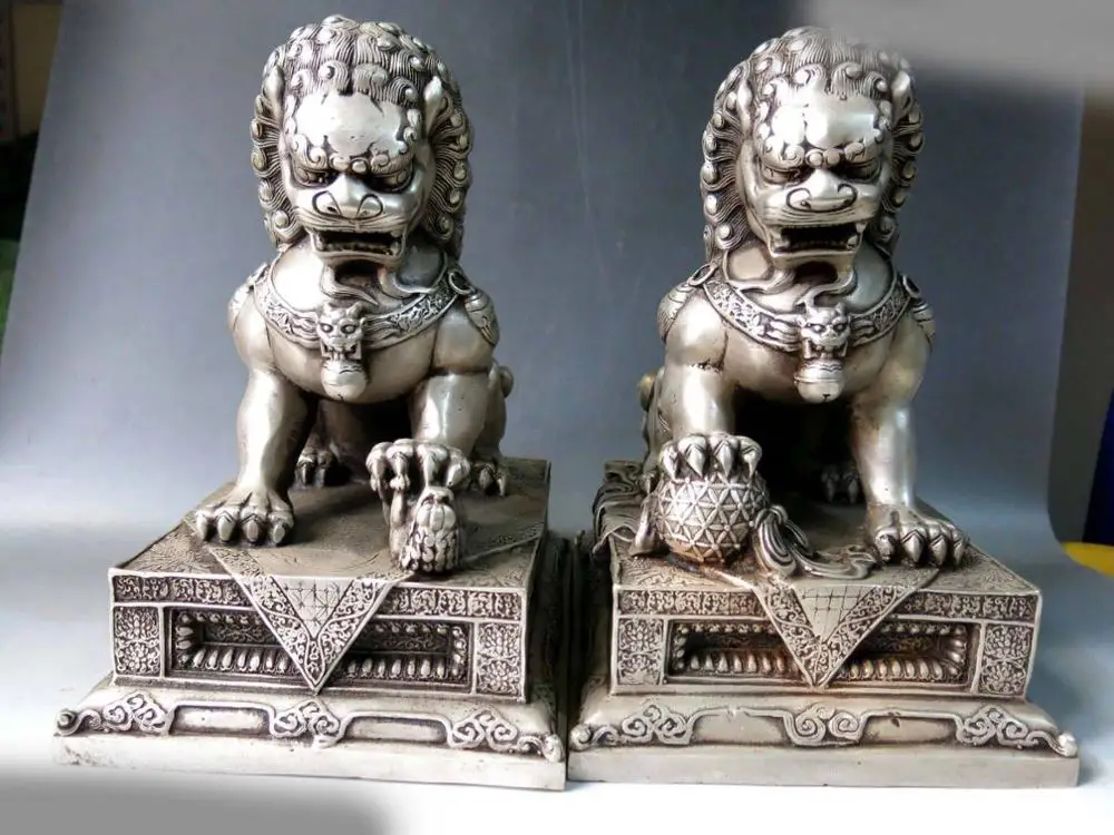 

10" China silver Feng Shui lucky Guard door Foo Dogs Lion pair Sculpture statue A(0505)