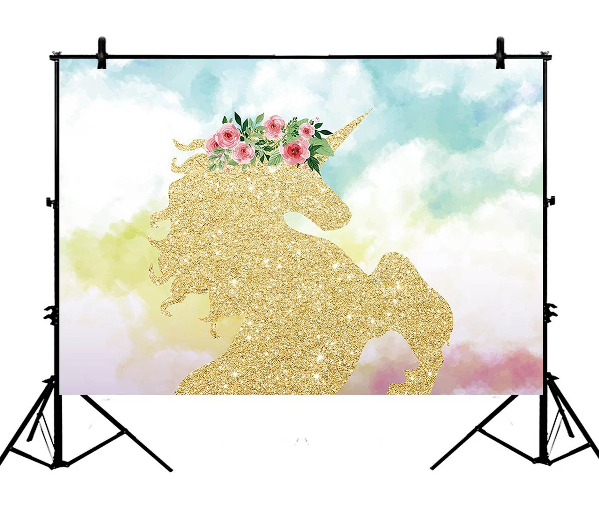 

5x7ft Watercolor Gold Glitter Unicorn Cloud Birthday Party Polyester Photo Background Portrait Backdrop