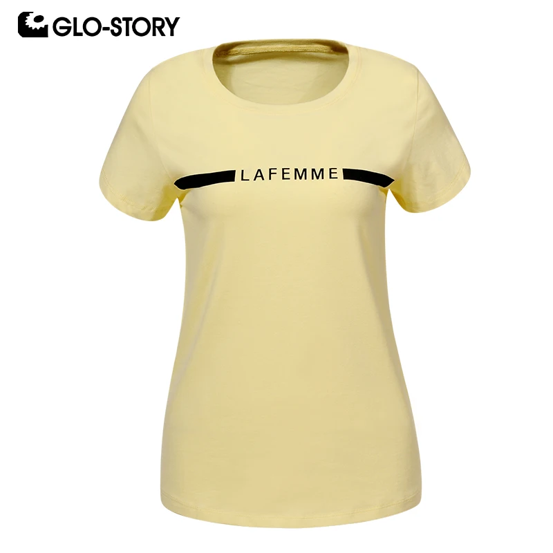 

GLO-STORY 2019 Women Summer Casual Letter Print Tee Shirts O-Neck Short Sleeve Tops Female WPO-8895