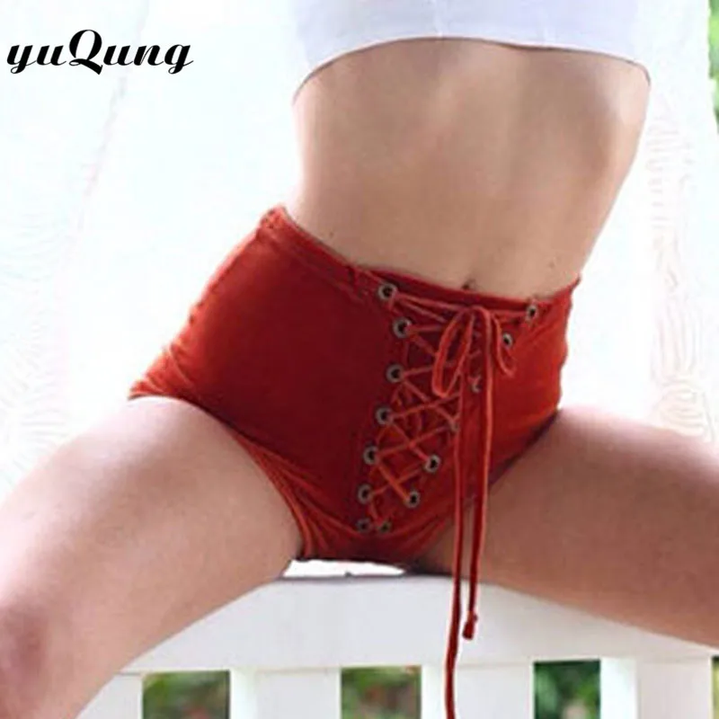 yuqung High waist velour short pants Ladies 50's Vintage velvet lace up