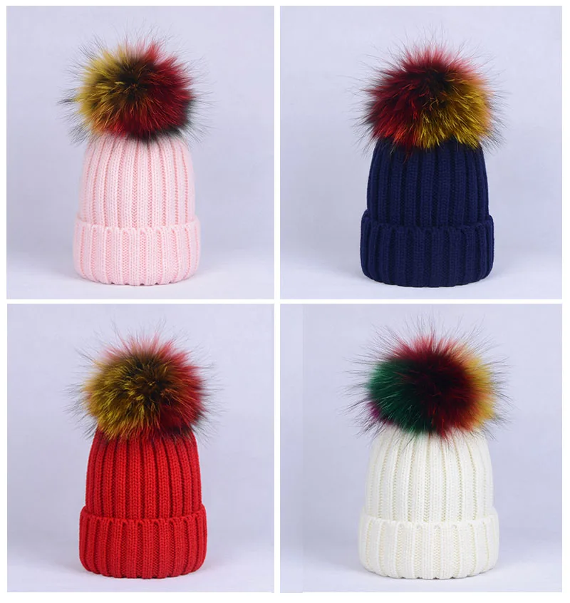 

Children's Fur Ball Knitted Skullies Beanies Kids Girls Baggy Striped Acrylic Knitting Hats Casquette With Rainbow Fur pom pom