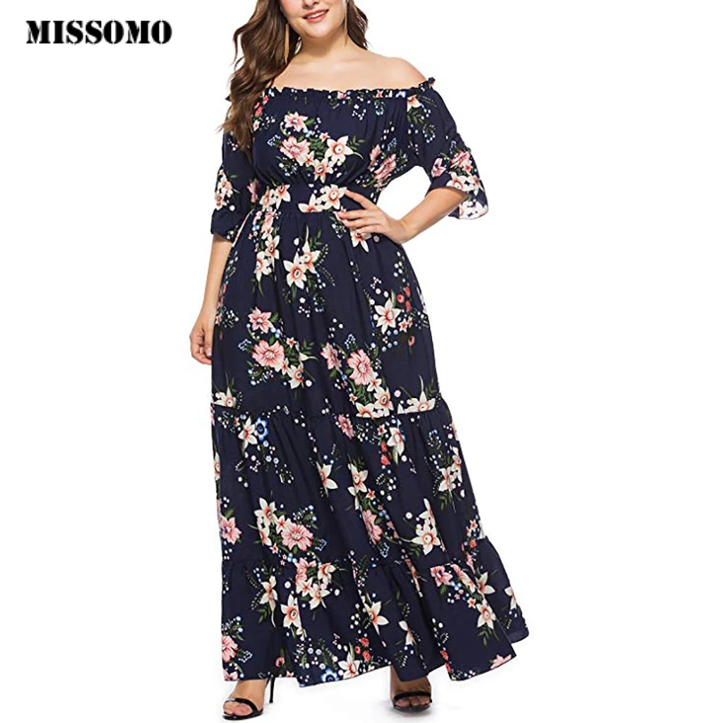 

MISSOMO Plus Size Dress Women Summer Off Shoulder Print Half Sleeve Boho long Maxi Dress 5XL women dress vestidos femme 614