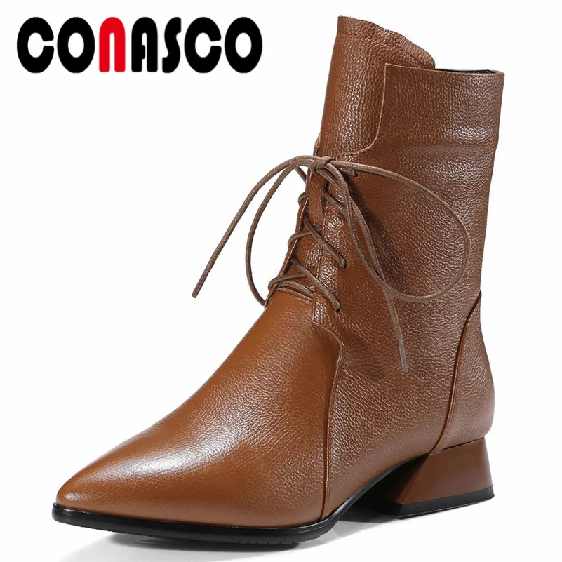 

CONASCO Brand Women Med Heels Ankle Boots Lace Up Genuine Leather Autumn Winter Martin Shoes Woman Sexy Pointed Toe Boots