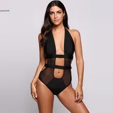 Top Halter Backless Mesh Bodysuits Ladies Patchwork Cut Out One Piece Jumpsuits Padded Push Up Sheer Sexy Bodysuits Black S M L