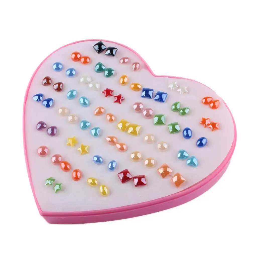 36 Pairs Women Girl Kid Different Colorful Shape Stud Earrings Birthday Valentine Party Gift with Heart Organizer Box