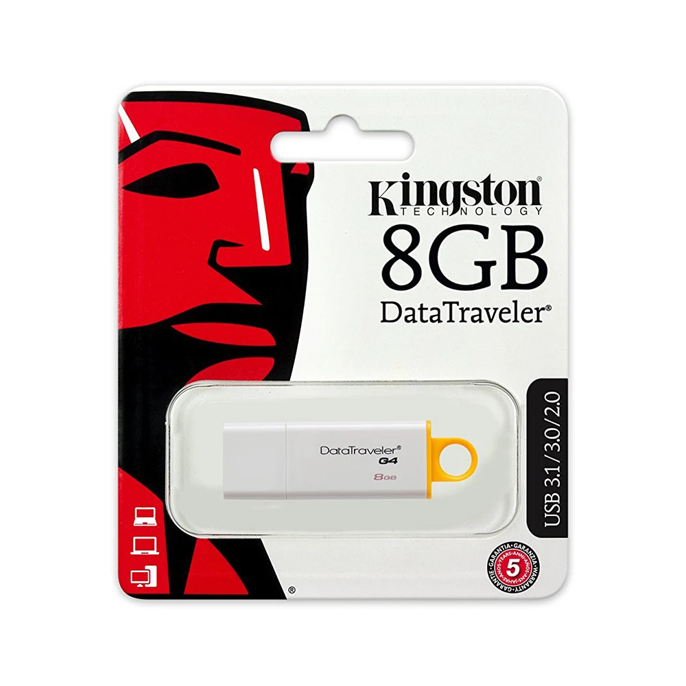 Kingston Technology DataTraveler G4 8 GB DE Memoria USB (USB 3,0 DE 8 GB USB tipo-A tipo Llave) Color Blanco y Amarillo