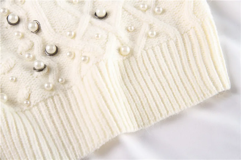 Женские свитера Роскошная качественная одежда ручная работа жемчужное украшение круглый вырез белый вязаный пуловер свободный шерстяной свитер