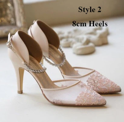 Розовое кружевное вечернее платье для приемов обувь для невесты с острым носком на высоком каблуке 8 см, туфли подружки невесты со стразами на лодыжке - Цвет: Pink Style 2