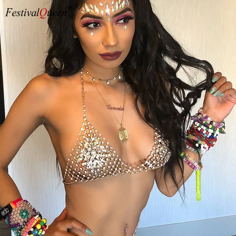 FestivalQueen стильный женский Блестящий Кристалл цепочка для тела со стразами бюстгальтер костюм сексуальный шарм Женские Прозрачные бюстгальтеры