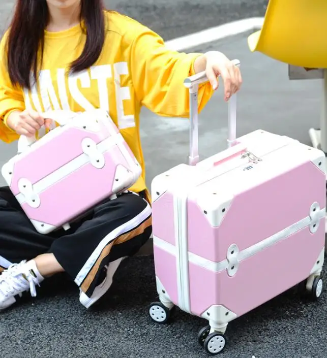 a set CHENGZHI 18" cute girl carry on trolley rolling luggage pink purple vintage travel suitcase for cabin - Цвет: a set