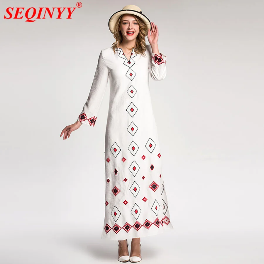 

White Elegant Vintage Dress 2018 Spring New Fashion Long Sleeve Novelty Sequins V-Neck Plaids Embroidery Side-Split Long Dresses