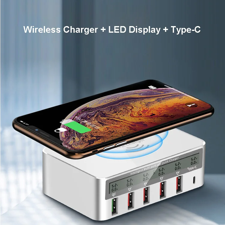 

QI Wireless Charging Quick Charge 3.0 6 Ports USB Type C Fast Charger Adapter For iPhone XS MAX SAMSUNG S10 Plus S9 Note 9
