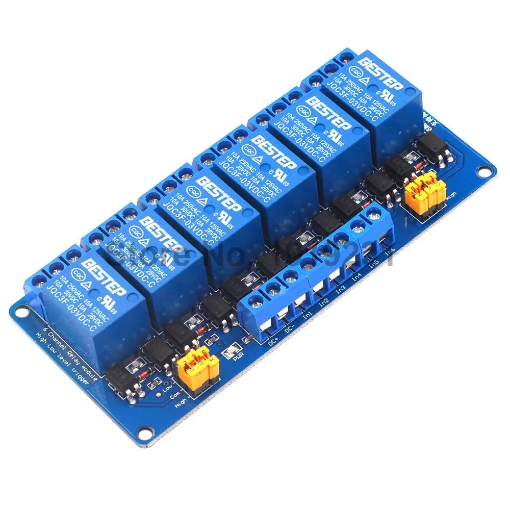 

3.3V 6 Channel Relay Module High and Low Level Trigger Dual Optocoupler Isolation 3.3V 6 way Relay Module Control Board