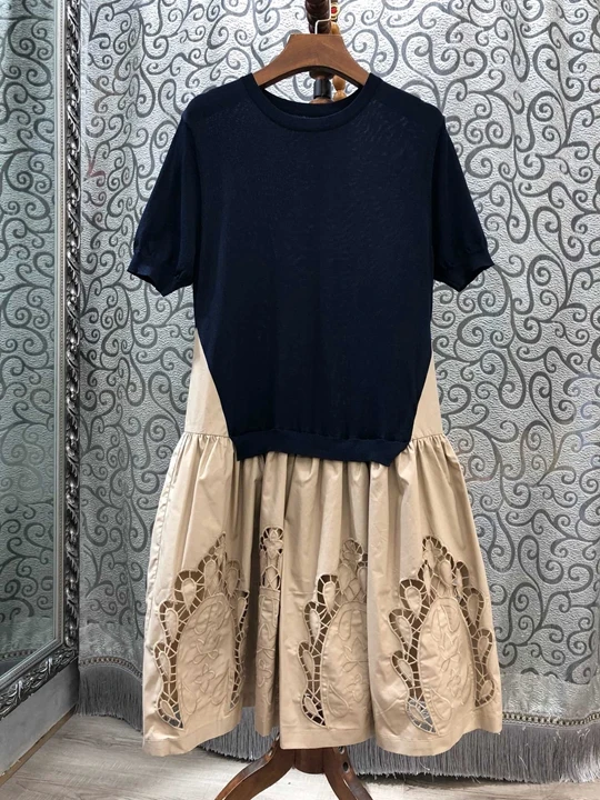 

2019 Summer New Women's Round Neck Knitted dress 709 with Coloured Splicing, Hollow Embroidery and Short Sleeve